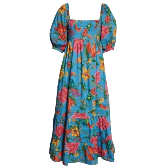 Farm Rio Toucans Garden Blue Floral Puff Sleeve Open Back Midi Dress XS‎ - Picture 14 of 14